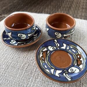 Vintage Hand Painted Fish Terracotta Cup Saucer Mordernist Art Pottery Nepalese